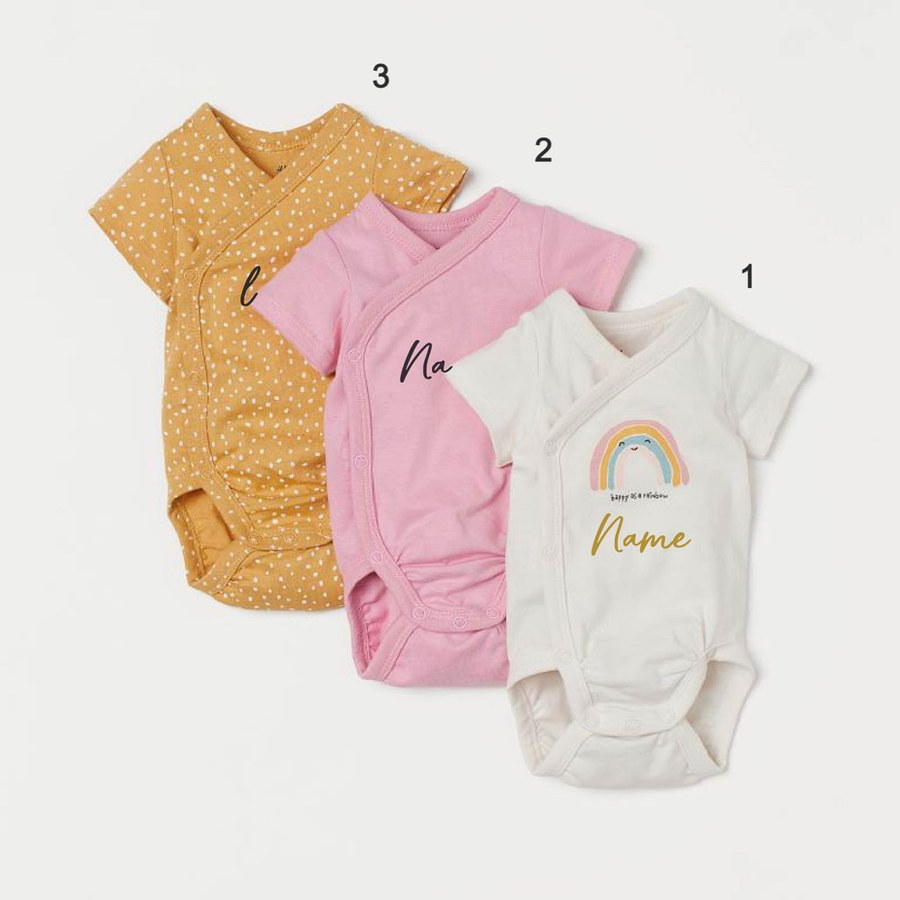 Custom Name on H&amp;M 3-pack wrapover bodysuits - Yellow Pink/Rainbow